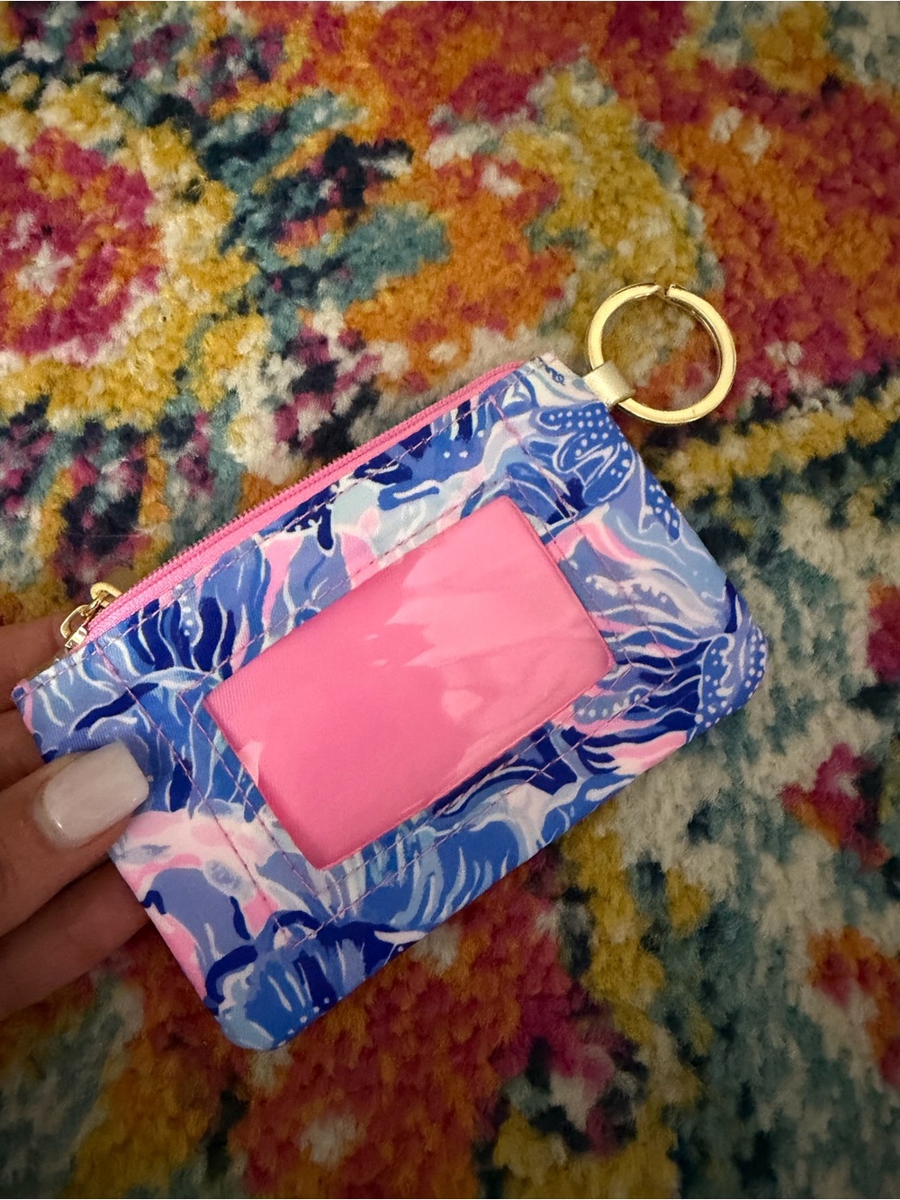 Lilly Pulitzer Pink, Blue & White Floral Key Pouch with Gold Ring